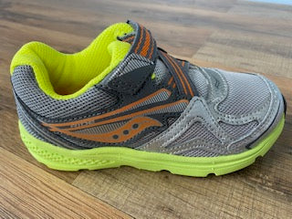 Allen's Bootery toddler sneaker in grey, orange, and neon green with mesh upper and easy hook-and-loop closure.