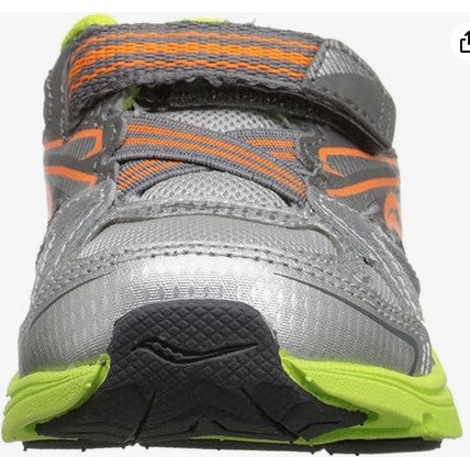 Allen's Bootery infant toddler sneaker in green, gray, and orange with leather and mesh upper and velcro closure