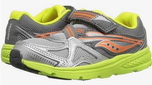 Allen's Bootery infant toddler athletic sneakers in grey, neon green, and orange with mesh and leather upper