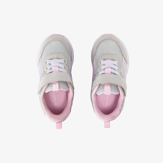Allen's Bootery infants' grey and pink mesh and leather sneakers with hook-and-loop straps and rainbow accents.
