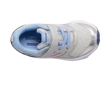 Allen's Bootery infant Wind FST Jr. sneaker in silver, blue, and pink with mesh upper and easy hook-and-loop closure.