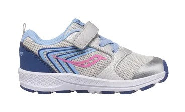 Allen's Bootery infant Wind FST Jr. sneaker in silver, blue, and pink with mesh upper and hook-and-loop closure.