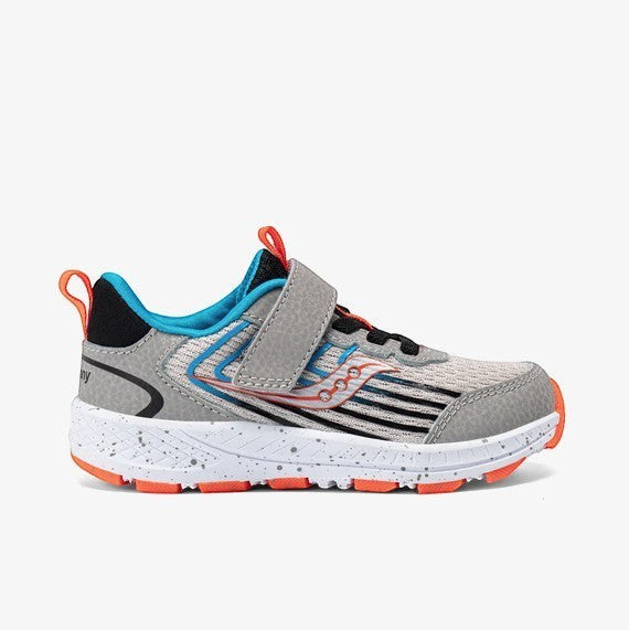 Allen's Bootery infants' black and grey leather and textile sneakers with orange accents and hook-and-loop closure.