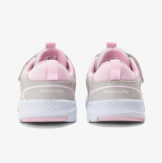 Allen's Bootery Infants/Toddlers Wind 3.0 Jr. sneakers in grey suede and pink mesh with velcro straps.