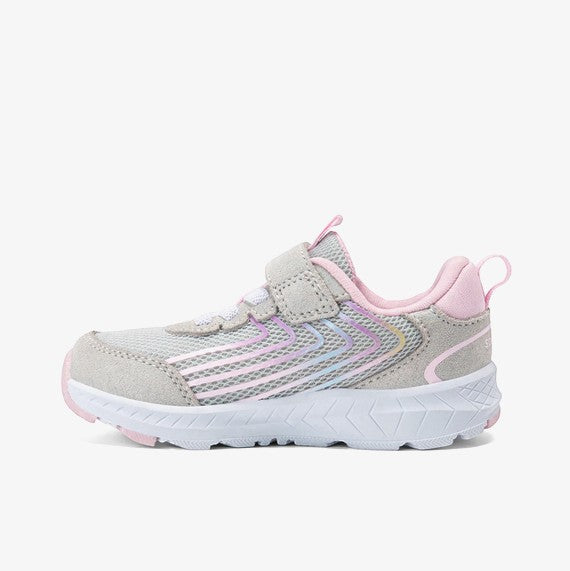 Allen's Bootery Infants/Toddlers Wind 3.0 Jr. grey sneakers with pink and rainbow accents, mesh and leather upper, hook-and-loop closure.