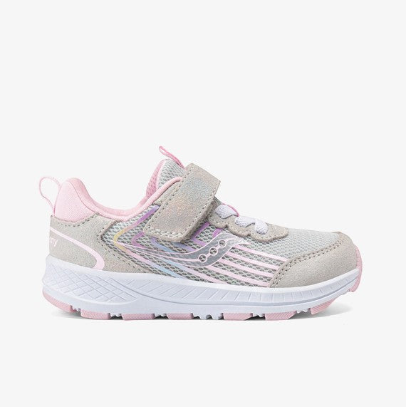 Allen's Bootery Infants/Toddlers Wind 3.0 Jr. sneakers in gold/rainbow with grey, pink, and iridescent details. Features a hook-and-loop strap and breathable mesh.