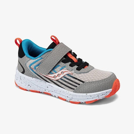 Allen's Bootery Infants/Toddlers Wind 3.0 Jr. grey, black, and orange breathable leather sneakers with hook-and-loop strap.