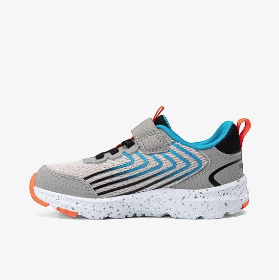 Allen's Bootery Infants/Toddlers Wind 3.0 Jr. grey mesh sneaker with blue and black accents and orange toe cap.