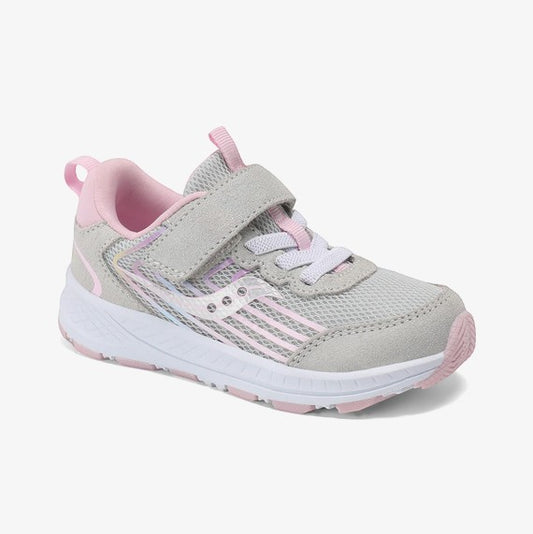 Allen's Bootery Infants/Toddlers Wind 3.0 Jr. sneakers in grey with pink and rainbow accents, featuring a leather and mesh upper, hook-and-loop strap, and flexible sole.