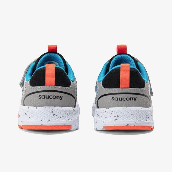 Allen's Bootery Infants/Toddlers Wind 3.0 Jr. black and grey sneakers with blue lining and orange pull tabs.