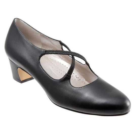 Allen's Bootery Jamie black leather pump with elasticized cross-strap design and a comfortable low block heel