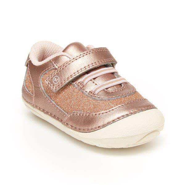 Allen's Bootery Jazzy rose gold metallic glitter infant sneaker with hook and loop closure and rounded edges