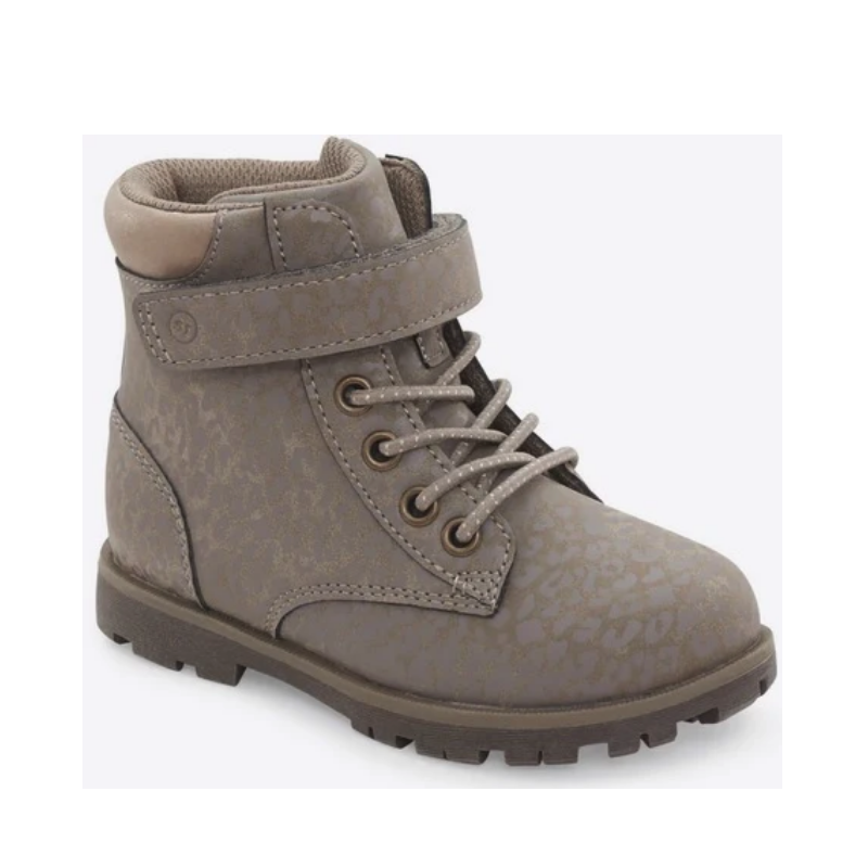 Allen's Bootery Jill leopard print toddler boots in taupe with hook-and-loop closure and memory foam footbed