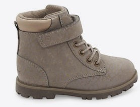 Allen's Bootery Jill leopard toddler boots in neutral taupe with memory foam footbeds and hook-and-loop closure.