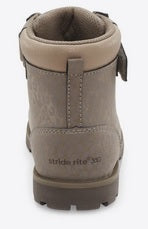 Allen's Bootery Jill toddler boots in neutral beige with hook-and-loop closure, rear view showing flexible outsole