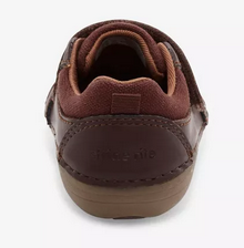 Allen's Bootery Jodie infant leather shoes in brown with a flexible sole and hook-and-loop closure, rear view.