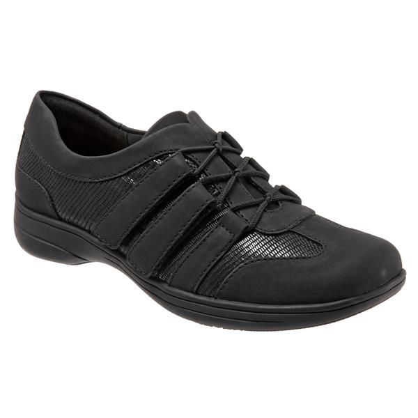Allen's Bootery Joy black sporty walking shoe with elastic no-tie laces, hook and loop straps, and cushioned sole.
