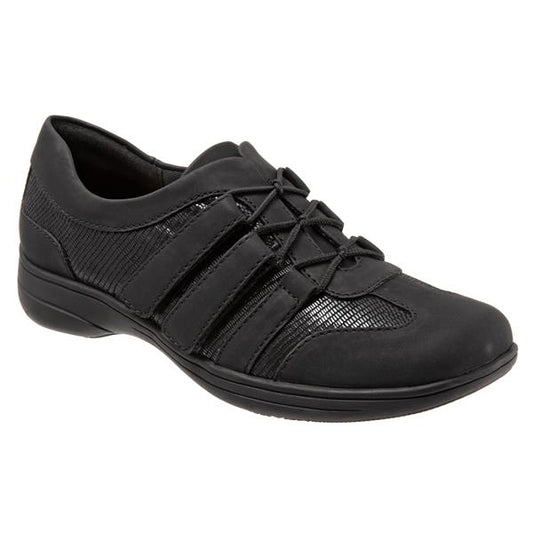 Allen's Bootery Joy black sporty walking shoe with elastic no-tie laces, hook and loop straps, and cushioned sole.