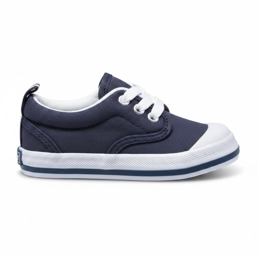 Allen's Bootery Keds Graham navy canvas sneaker for toddlers with white laces and a durable rubber toe cap.