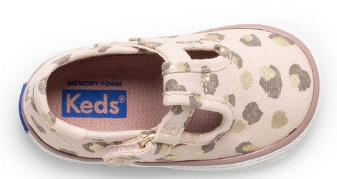 Allen's Bootery Keds infant T-strap shoe in beige with metallic gold leopard print and memory foam footbed