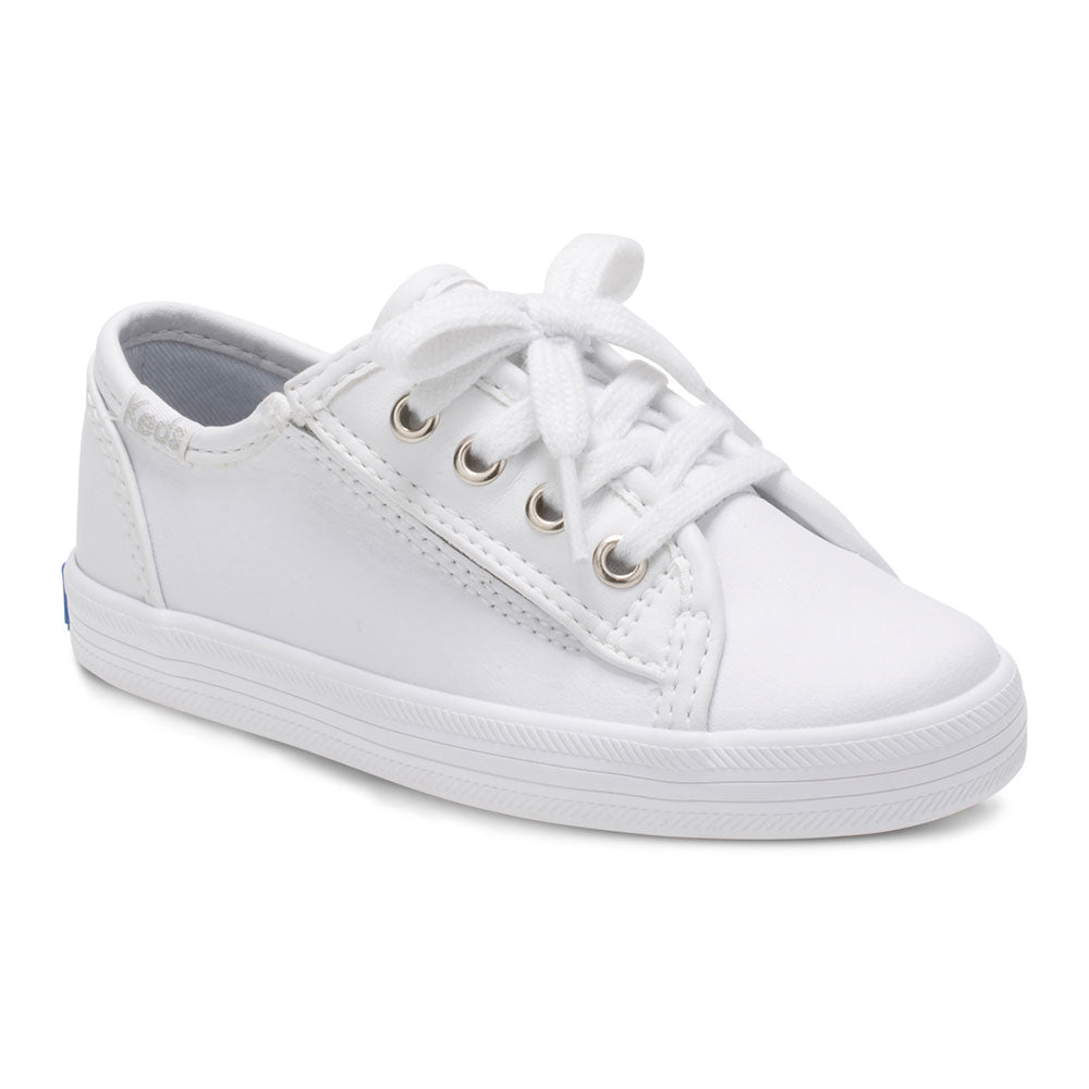 Allen's Bootery Keds Kickstart Jr white toddler sneaker with hook and loop closure and memory foam footbed.