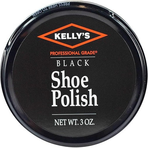 Allen's Bootery Kelly's Professional Grade Black Shoe Polish in a black tin, 3 oz.