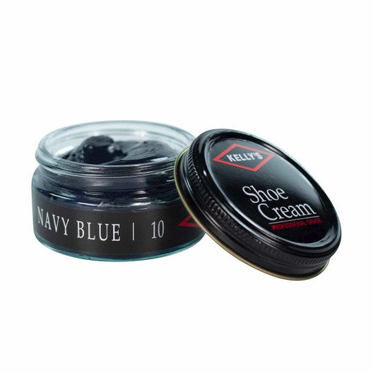 Allen's Bootery Kelly's navy blue leather shoe cream in a glass jar with a black metal lid for conditioning leather