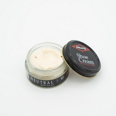 Allen's Bootery Kelly's neutral leather shoe cream in a glass jar with a black lid for conditioning leather goods.