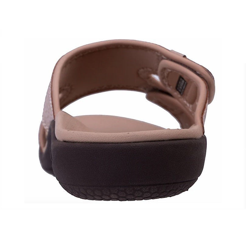 Allen's Bootery Kholo Mojave taupe orthotic sandals featuring adjustable straps and a supportive footbed, back view.