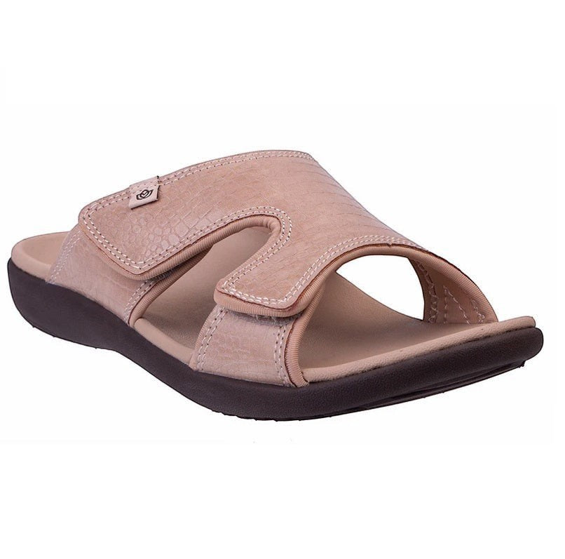 Allen's Bootery Kholo Mojave taupe orthotic sandals with adjustable straps and textured leather upper