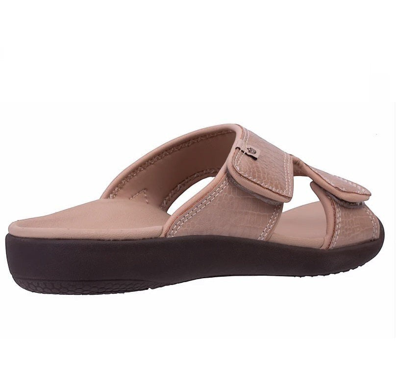 Allen's Bootery Kholo Mojave taupe orthotic sandals with adjustable straps and textured leather finish
