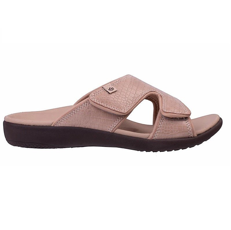 Allen's Bootery Kholo Mojave taupe orthotic sandals with adjustable straps and textured embossed leather finish