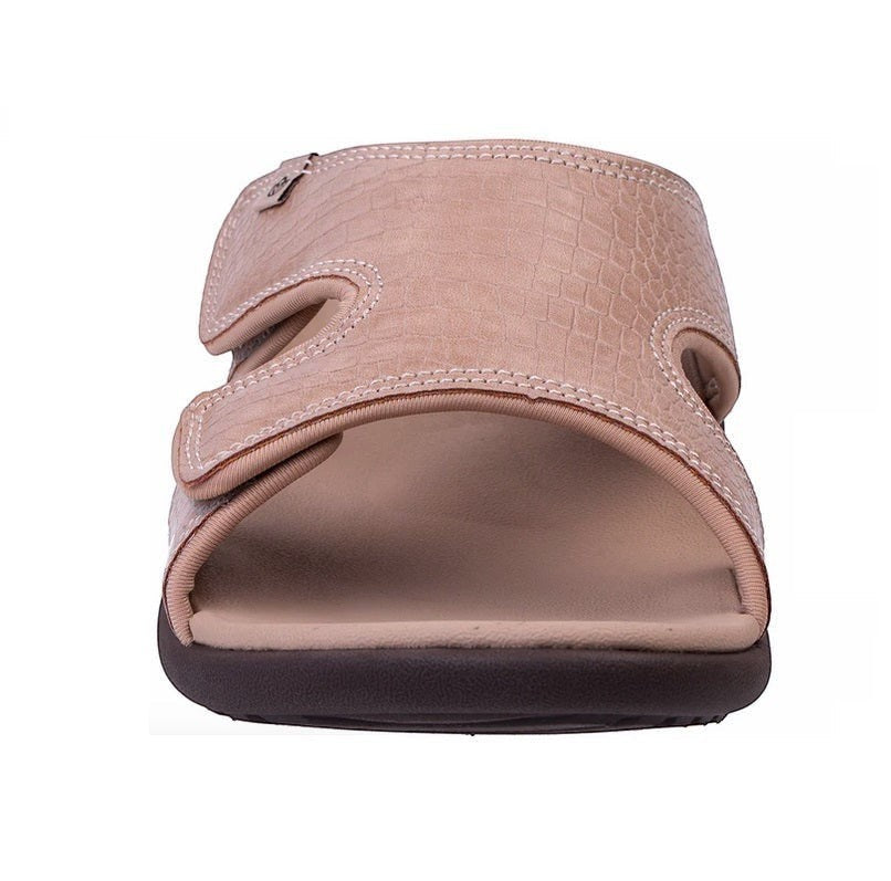 Allen's Bootery Kholo Mojave taupe orthotic sandals with adjustable straps and textured crocodile-embossed leather