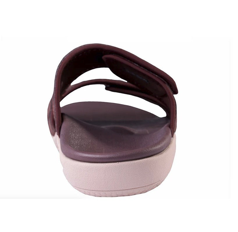 Allen's Bootery Kholo Nuevo French Roast metallic sandal with adjustable straps and orthotic footbed, rear view.