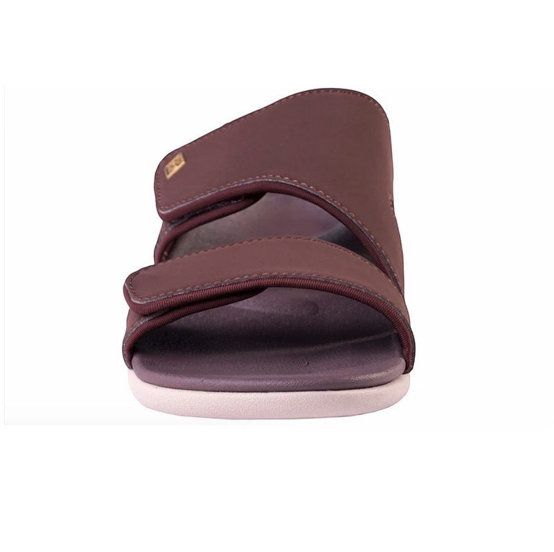 Allen's Bootery Kholo Nuevo French Roast metallic low-heeled orthotic sandal with adjustable straps and comfort footbed.