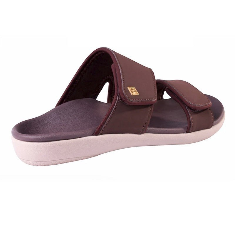 Allen's Bootery Kholo Nuevo French Roast metallic orthotic sandal with adjustable straps and contoured footbed.