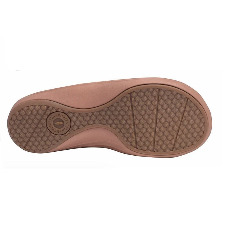Allen's Bootery Kholo Nuevo Metallic sandal showing the textured brown orthotic sole with Revitalign branding.