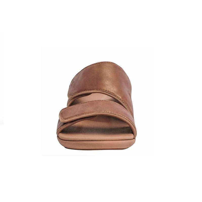 Allen's Bootery Kholo Nuevo metallic leather-like sandal with adjustable straps and orthotic footbed, front view.