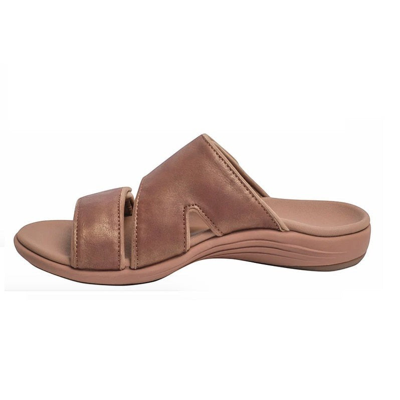 Allen's Bootery Kholo Nuevo metallic low-heel orthotic sandal with adjustable straps and contoured footbed.