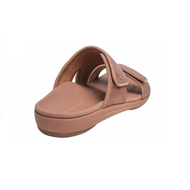 Allen's Bootery Kholo Nuevo metallic orthotic sandal with adjustable straps and contoured footbed in a rose gold tone.