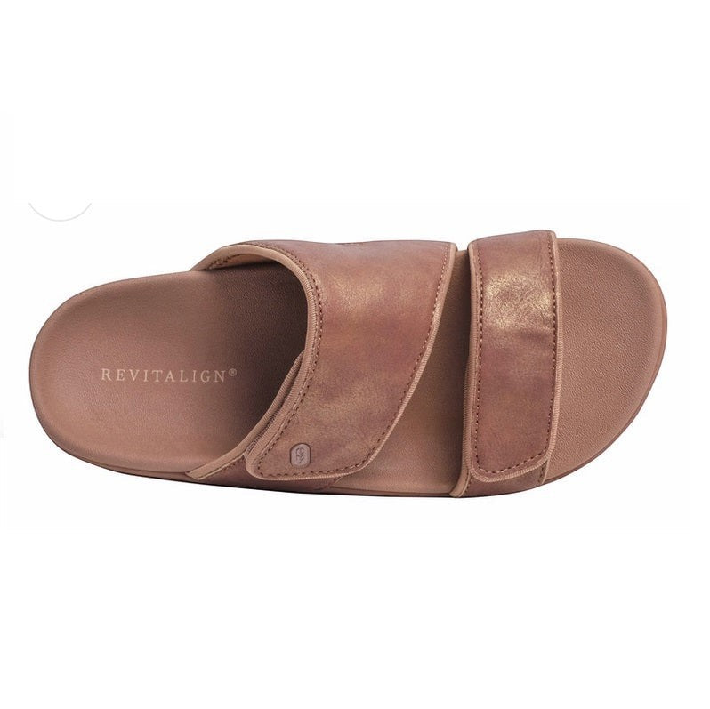 Allen's Bootery Kholo Nuevo metallic orthotic sandal with adjustable straps and contoured footbed in a bronze finish.
