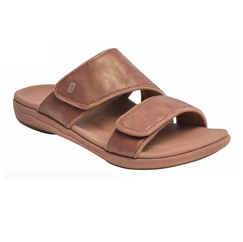 Allen's Bootery Kholo Nuevo metallic bronze orthotic sandal with adjustable straps and contoured footbed.