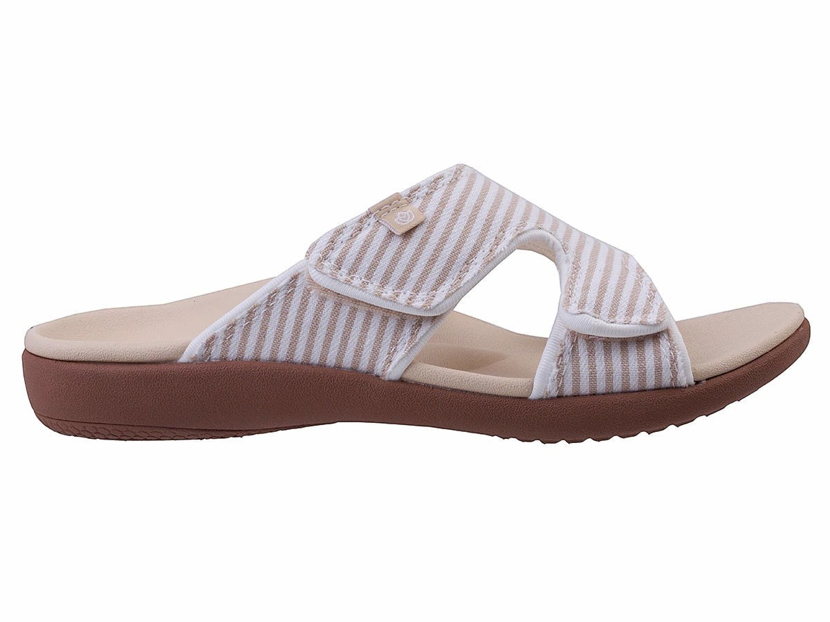Allen's Bootery Kholo Stripe sandal in desert tan with adjustable straps and a supportive contoured footbed.