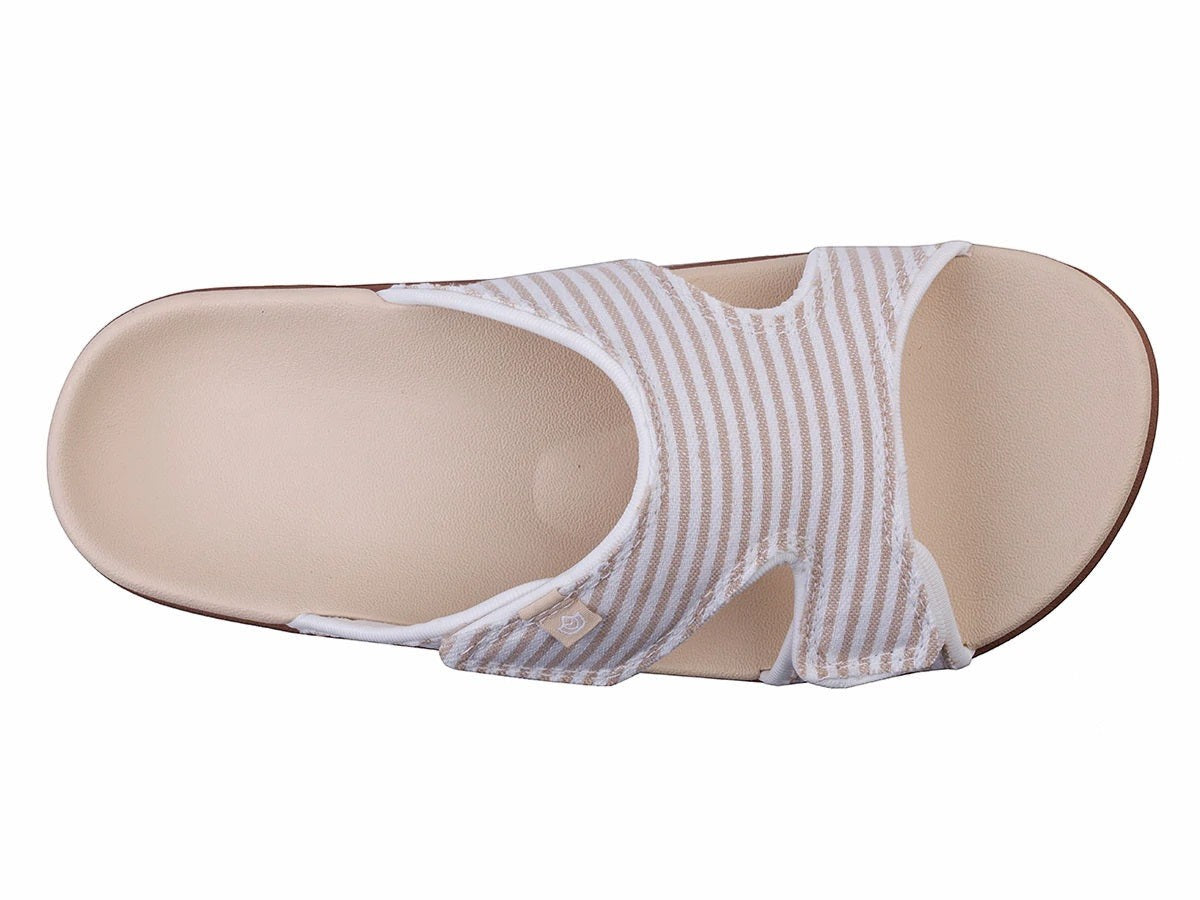 Allen's Bootery Kholo Stripe desert tan slide sandal with a comfortable contoured footbed and striped fabric strap.