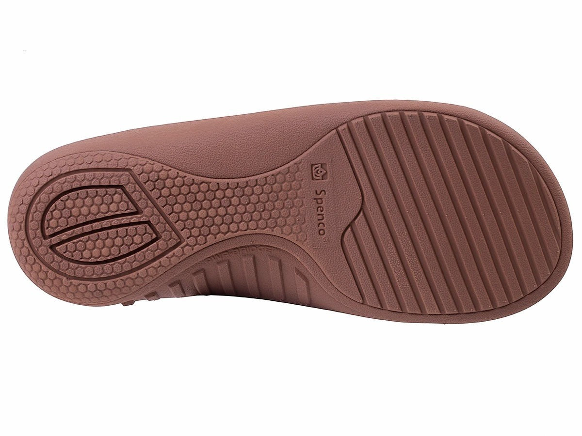 Allen's Bootery Kholo Stripe desert tan sandal showing the textured, supportive rubber outsole with Spenco branding.