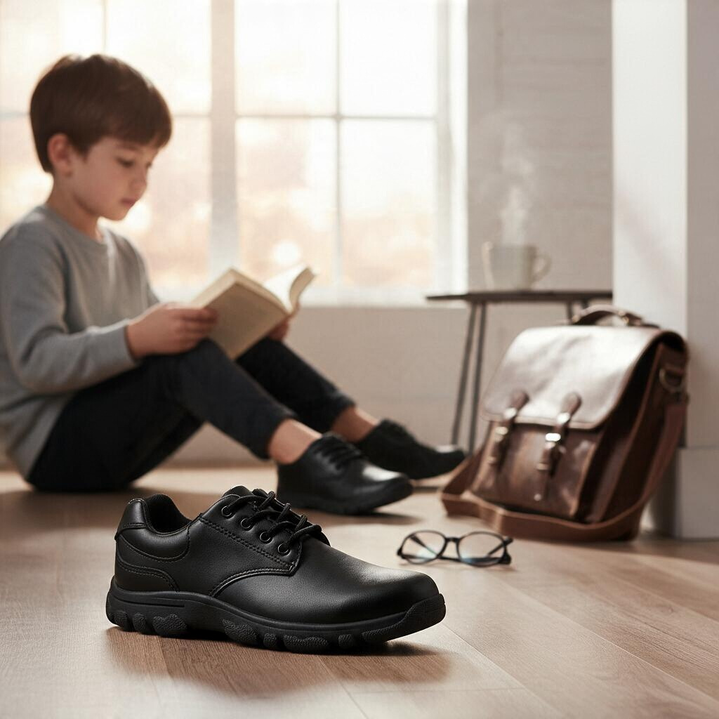 Allen's Bootery black leather lace-up shoes for kids with memory foam footbeds, shown in a cozy indoor setting.