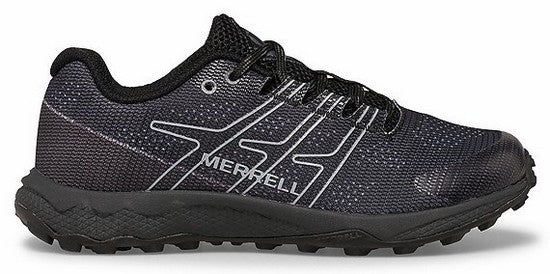Allen's Bootery kids black Merrell Moab Flight trail running shoe with breathable textile upper and EVA midsole.