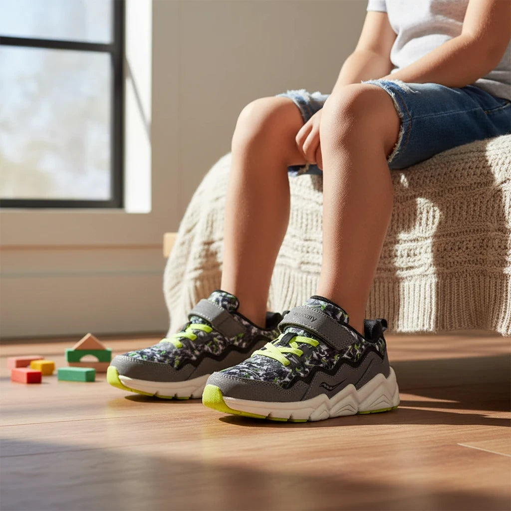 Allen's Bootery little kid's grey and camo sneakers with neon green laces and durable leather toe caps on a child