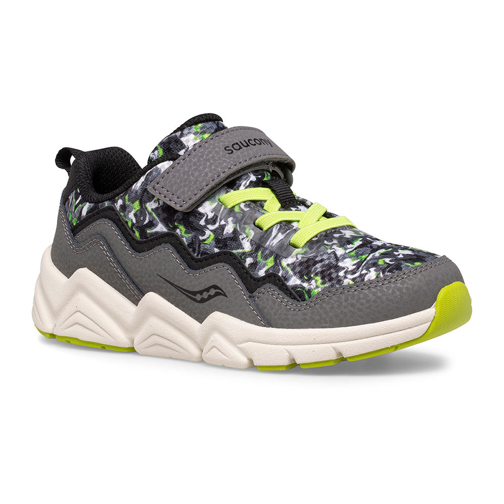 Allen's Bootery little kid's sneaker in flash camo and grey with leather, mesh, and neon green accents.
