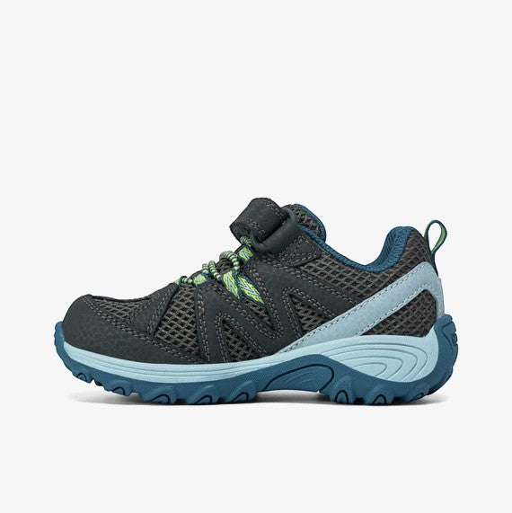 Allen's Bootery kids' dark grey and blue mesh hiker shoes with lime green laces and hook-and-loop closure.